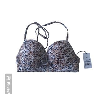 NWT Animal Print Bikini Swim Halter Top Shade & Shore 34D Brown Tan Padded Bust
